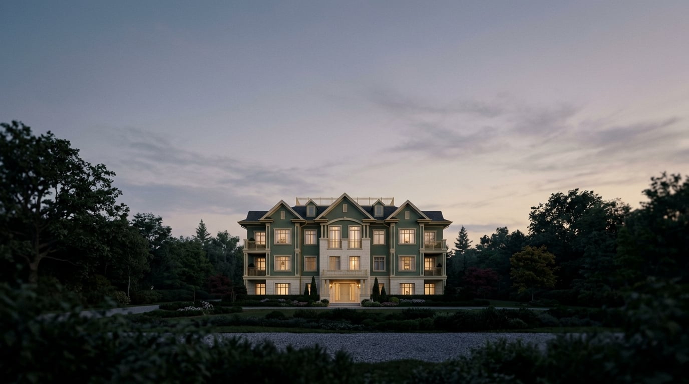 A quiet apartment building at dusk